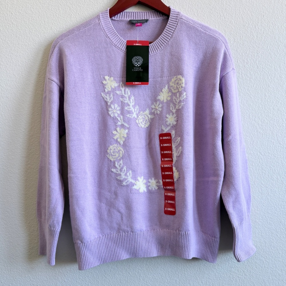 Vince Camuto Lilac Purple Floral Bunny Easter Sweater XS 7226201 New